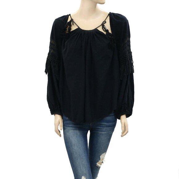 Ulla Johnson Duman Blouse Top Black Lace Fringe Tassel Raglan Sleeve S